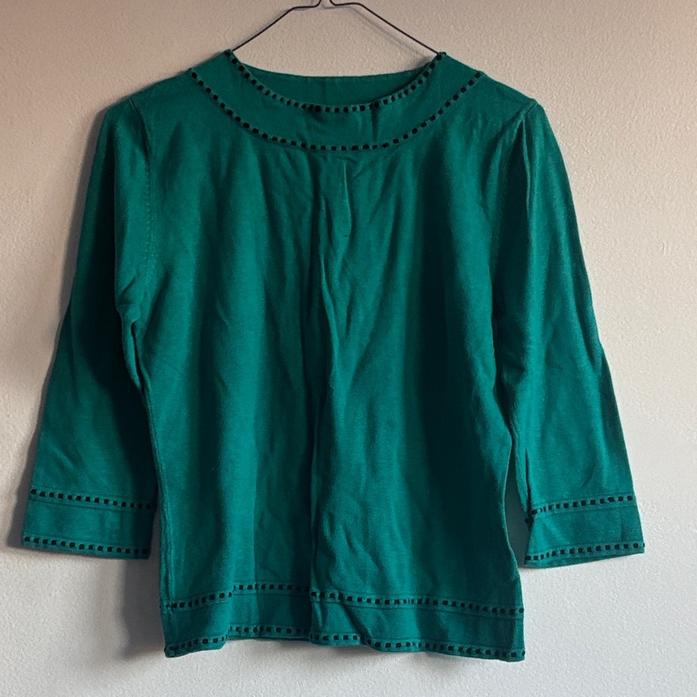 Dressbarn Teal Long Sleeve Top with Black Trim